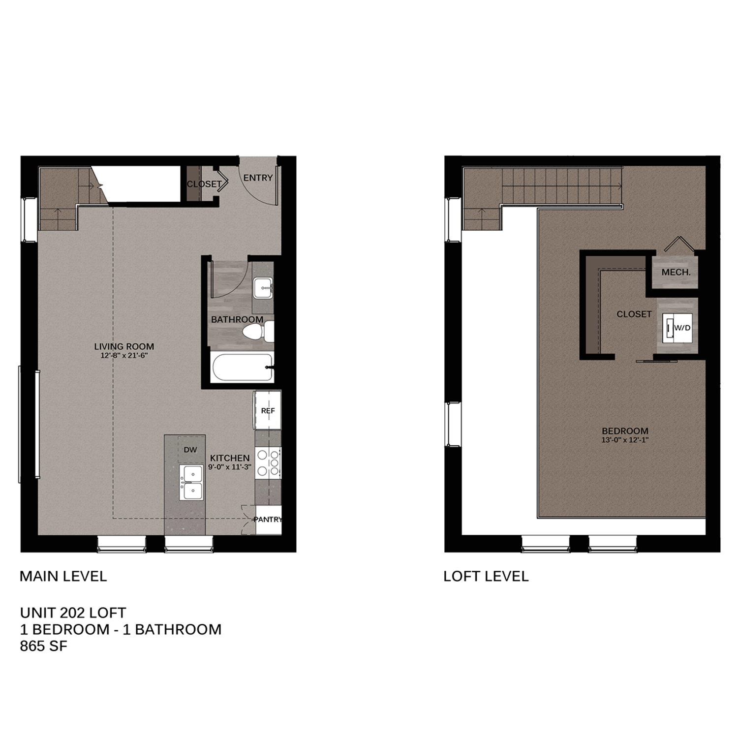 Floor plan for 1 bed, 1 bath, 909 sqft